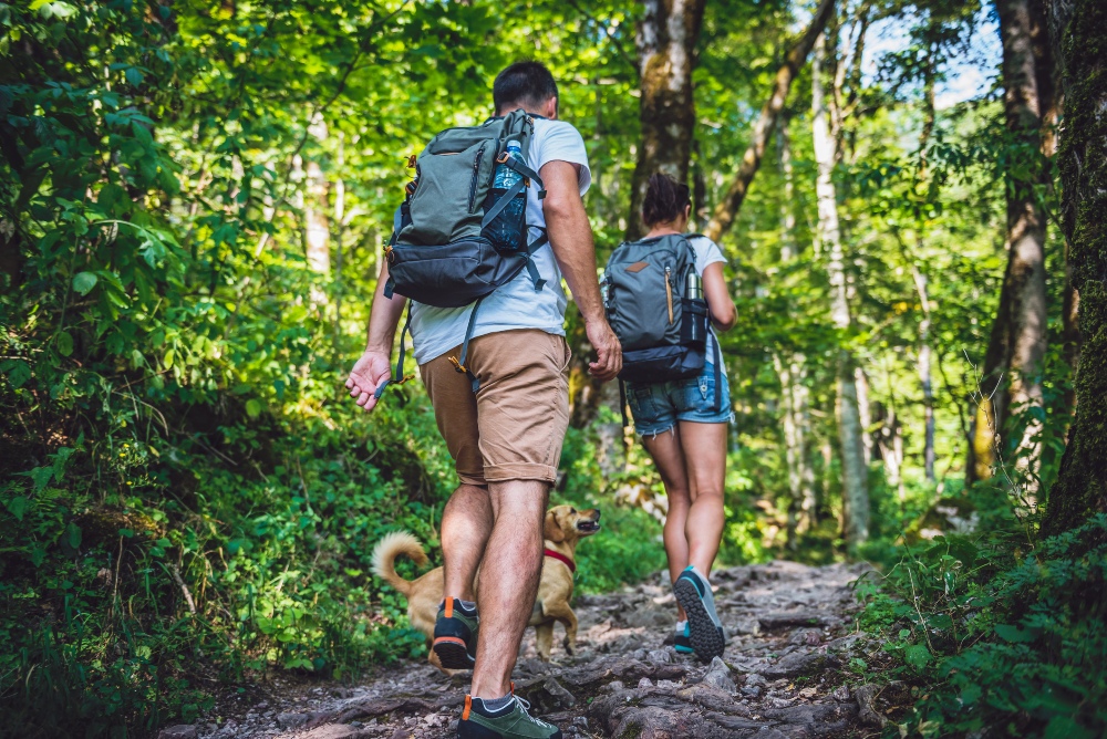 couple hiking with dog