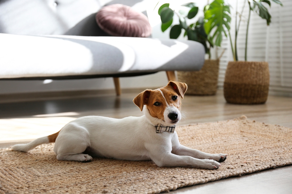 dog on floor next to couch