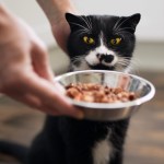 hand offering food bowl to black cat